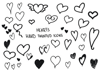 Hearts hand painted doodles, icons.