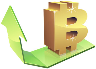 3D symbol of bitcoin in gold on a green arrow pointing up isolated cut out on a white background