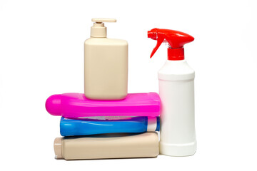 Plastic containers, containers of household chemicals, detergents, plastic on a white background isolated