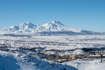 Hasan Mountain and Yuksek Church view in Aksaray Province in Turkey