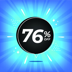 76% off. Blue banner with seventy-six percent discount on a black balloon for mega big sales.