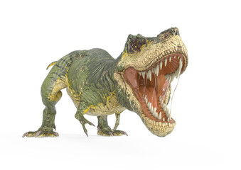 tyrannosaurus rex is getting ready to jump in white background side view