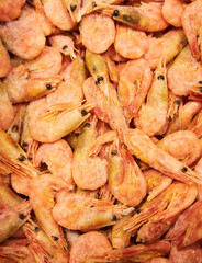 Boiled shrimp, top view. Raw frozen foods. A delicacy.