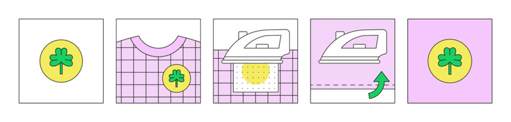 Iron on clothing patches. Instruction in pictures. How to attach patches with heat seal backing. Scheme can be used in package design. Heat, thermo or thermal patches for clothes. Vector illustration