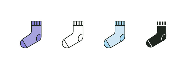 Icons set with different socks. Colorful, black and white variants. Ped or low cut sock type. Vector illustration. Ideal for online store or package design. 