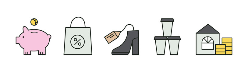 Financial icons set - types of money spending. Piggy bank, investments, savings, sale, purchases, lots of small and unnecessary expenses, like expensive coffee to go, mortgage. Vector illustration.