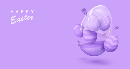 Banner with realistic purple open glossy egg with glass dome, five mini eggs, creative box, case. Happy Easter poster. Vector illustration for card, party, design, flyer, banner, web, advertising.