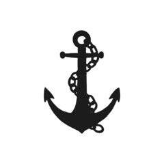 Silhouette of anchor with iron chain. Vector black white doodle sketch isolated illustration.