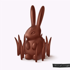 Realistic glossy chocolate bunny, rabbit, hare in the grass. Symbol of 2023 year. Happy Easter poster. Vector illustration for card, party, design, flyer, decor, banner, web, advertising.