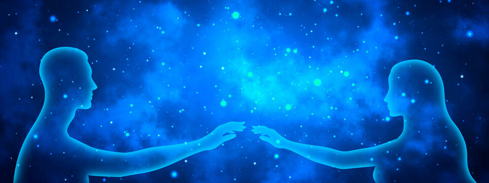 Male and female transparent silhouettes reach out to each other on a background of blue shining stellar universe
