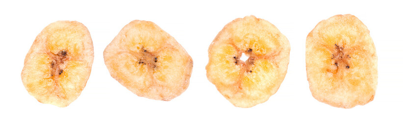 Banana chips isolated on white background. Dried fruit snack. Top view.