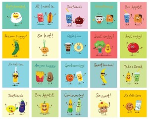 Cute funny food and drink characters set, best friends, funny fast food menu vector Illustrations. Flat vector illustration use for web page, card, poster, banner.