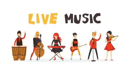 People playing musical instruments vector illustrations set. Young singer recording song with professional equipment cartoon character.
