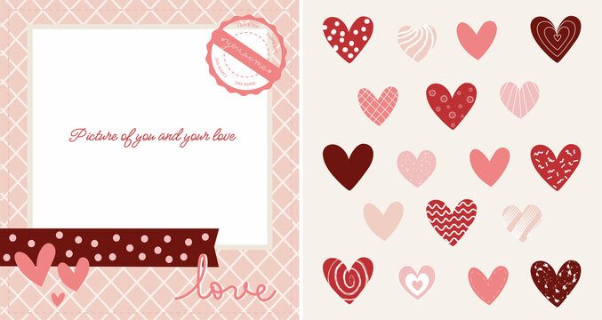Love set. Retro love frame and hearts. Picture frame. Hearts pattern background. Valentine's day craft decorations