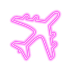 Pink neon sign of airplane isolated on white