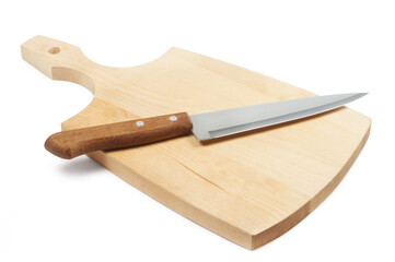 Cutting board and knife isolated on white background.