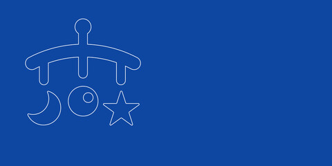 A large white outline baby mobile on the left. Designed as thin white lines. Vector illustration on blue background