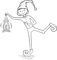 Vector outline illustration of cute gnome with a flashlight, cap on his head, coloring book for everyone