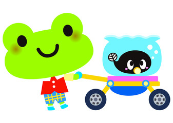 ベビーカー,カエル,乳母車,赤ちゃん,育児,子育て,保育,お母さん,ママ,手押し車,家族,ファミリー,親子,子供,子連れ,お出かけ,散歩,外出,シンプル,かわいい,ハート