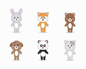 Cute animals for baby, postcards, invitations, covers. Vector illustration in a flat style. Rabbit, dog, porridge, panda, bear, fox