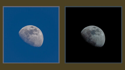 A Wax Gibbous moon photographed at the same moment with different camera settings and with a different viewing aspect