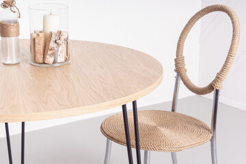 Wooden table and chair on white background. Eco-friendly home furniture. Handmade table