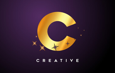 Gold C Letter Logo with Golden Glitter Stars and Gold Foil Texture Icon Vector