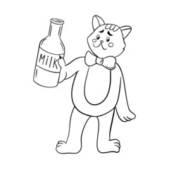 Cute cat with a bottle of milk. Linear illustration, the cat is drawn with a black outline. Children's coloring book. Vector illustration