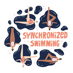 Synchronized swimming lettering on a background with different swimmers. Isolated flat vector illustration. Artistic swimming concept. Colorful background. Water sport concept.