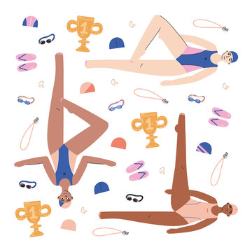 Illustration with swimmers and equipment for synchronized swimming. Isolated flat vector illustration with necessary equipment such as google glass, nose clip etc. Artistic swimming concept.
