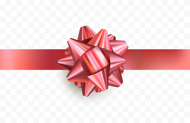 Red bow with ribbon on transparent background. Vector