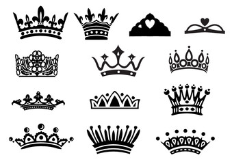 set sagome corona aristocrazia re regina diadema principessa  reali icona simbolo monarchia repubblica governo - obrazy, fototapety, plakaty
