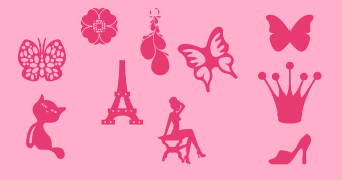 set icone musica note tromba cassa giochi bambina rosa femminile farfalla Parigi fiore ragazza gattino scarpe corona principessa