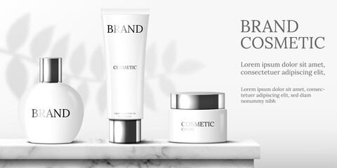Cosmetic packaging on marble podium with leaf shadow beauty product background