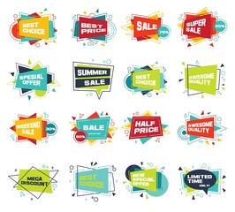 Set of colorful abstract chat label. Vector discount, advertising and promotion banners