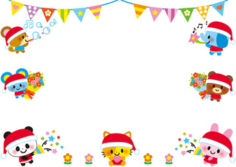 Fototapeta premium クリスマス,サンタ,イラスト,フレーム,誕生日,動物,幼稚園,12月,サンタクロース,冬,１２月,メリークリスマス,ジングルベル,パーティー,子供,クラッカー,クリスマスイブ,サンタさん,クリスマスプレゼント,プレゼント,保育園,お祝い,どうぶつ,かわいい,園児,小学校,小学生,保育所,ねこ,ウサギ,ネコ,ハート,ねずみ,楽しい,音楽,ぞう,音符,キャラクター,りす,パンダ,ぱんだ,うさぎ,くま,