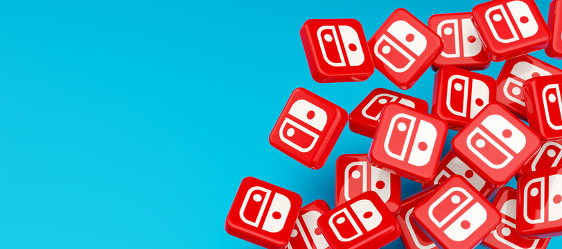 Guilherand-Granges, France - February 10, 2022. Cubes with Nintendo Switch logo. video game console developed by Nintendo.
