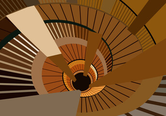 Spiral staircase in the form of geometric shapes, round shapes and lines.