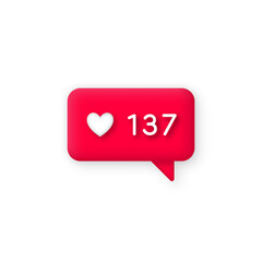 Social media like icon. Social media like icon in 3d style. Notification, count of likes for social media app. Vector