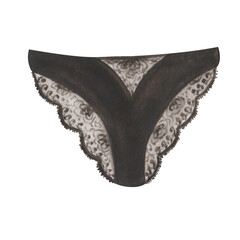 Watercolor illustration of hand painted black lace lingerie, woman underwear, transparent panties. Peace of women clothes. Sexual print isolated on white background for design postcard, sign for shops