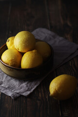 A bowl with yellow bright lemons	