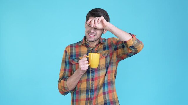 Guy feel unhealthy covid-19 hot influenza isolated blue color background