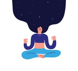 Young woman meditates with closed eyes. Girl makes yoga, relaxes at home. Body positive concept. Hand drawn illustration.