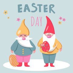 Vector flat illustration for Easter. Cute Easter gnomes and eggs on a blue background. Happy Easter banner. EPS10. Modern minimalistic style.