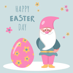 Vector flat illustration for Easter. Cute Easter gnome and pink egg on blue background. Happy Easter banner. EPS10. Modern minimalistic style.