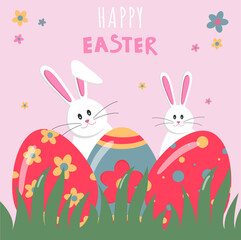 Happy Easter banner. Easter eggs and bunnies on a pink background. Vector flat illustration for Easter. EPS10. Modern minimalistic style.