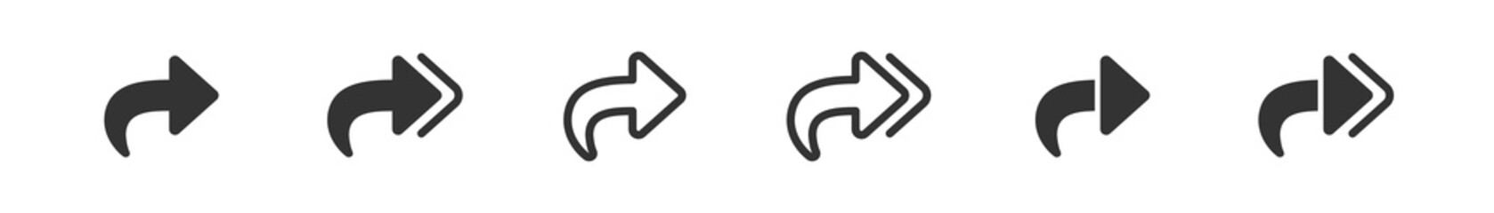Share arrow icon. Right web button symbol. Curve arrow sign. Double forward in vector flat style.