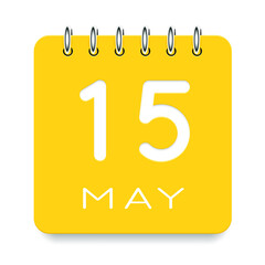 15 day of the month. May. Cute yellow calendar daily icon. Date day week Sunday, Monday, Tuesday, Wednesday, Thursday, Friday, Saturday. Cut paper. White background. Vector illustration.