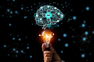 Man holding bulb lamp nad Brain with printed circuit board artificial intelligence AI