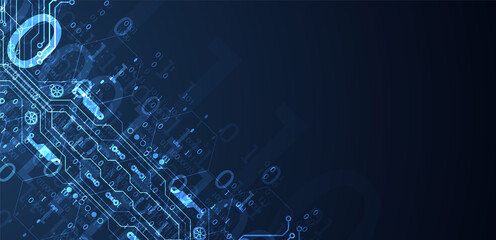 Abstract background on technological and scientific topics. Various techno details with using digital code. Vector format.